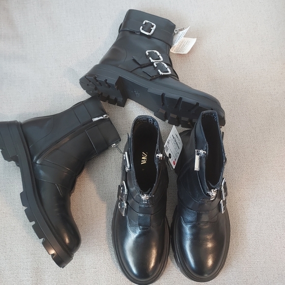 ZARA low heeled Leather ankle boots with buckles - Picture 7 of 11